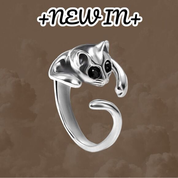 New Adjustable Vintage Alloy Plated Silver Black Onyx Rhinestone eyes Cat Ring - Picture 1 of 2
